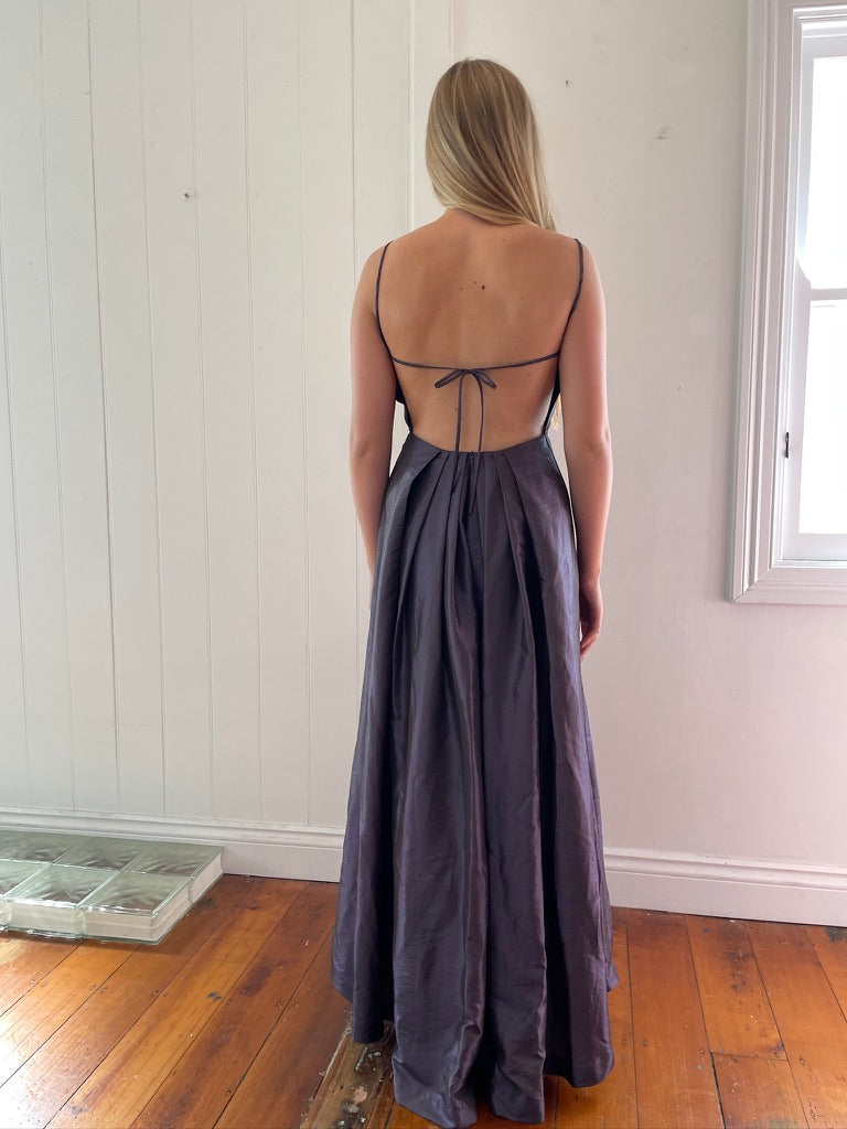 Vintage 90s purple high neck open back pleated evening dress