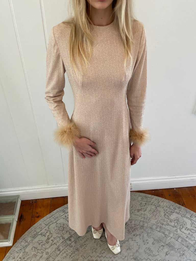 Vintage 60s champagne lurex long sleeve gown with ostrich feather cuffs