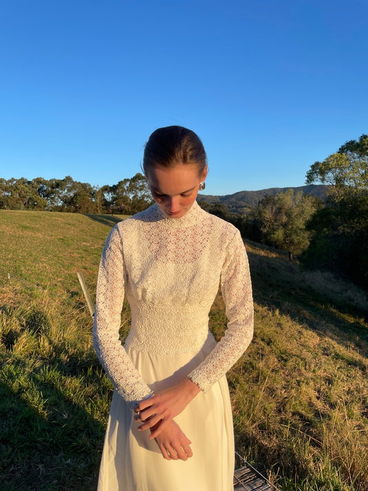 Vintage 60s long sleeve chiffon gown with guipure lace bodice
