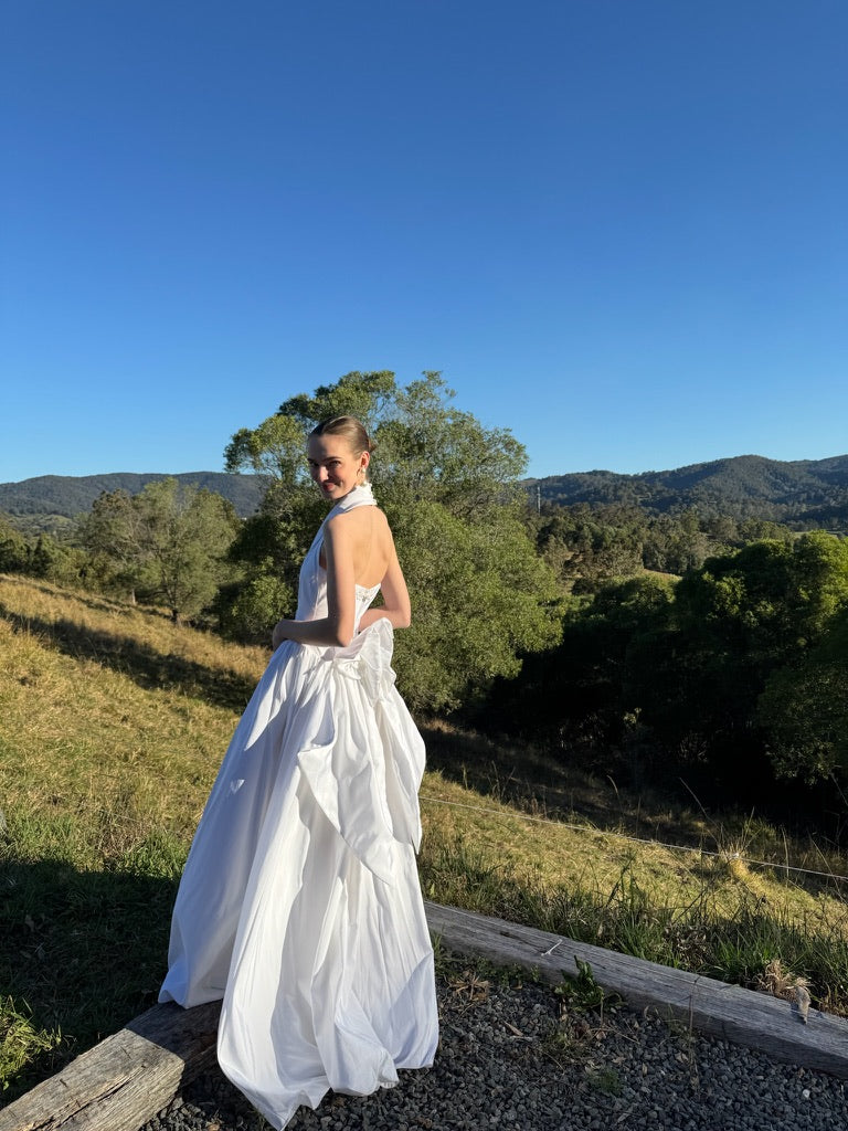 Vintage 90s taffeta basque waist halterneck gown