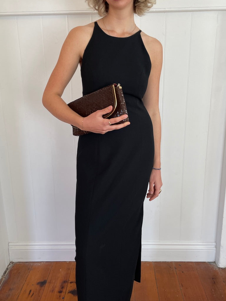 Vintage 90s black high neck gown with gold hardware
