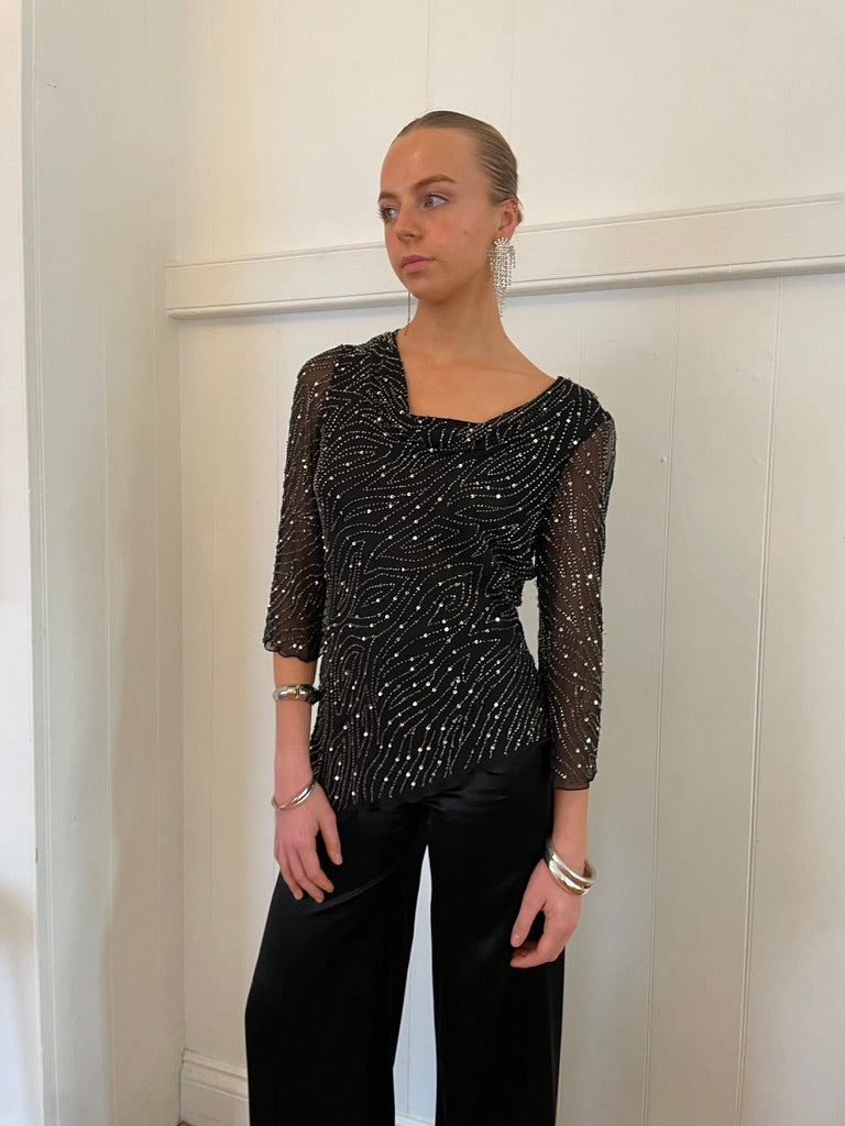 Vintage 90s black asymmetric silk sequinned blouse