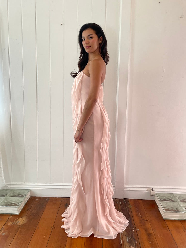 Vintage y2k Vera Wang baby pink cascading ruffle evening gown