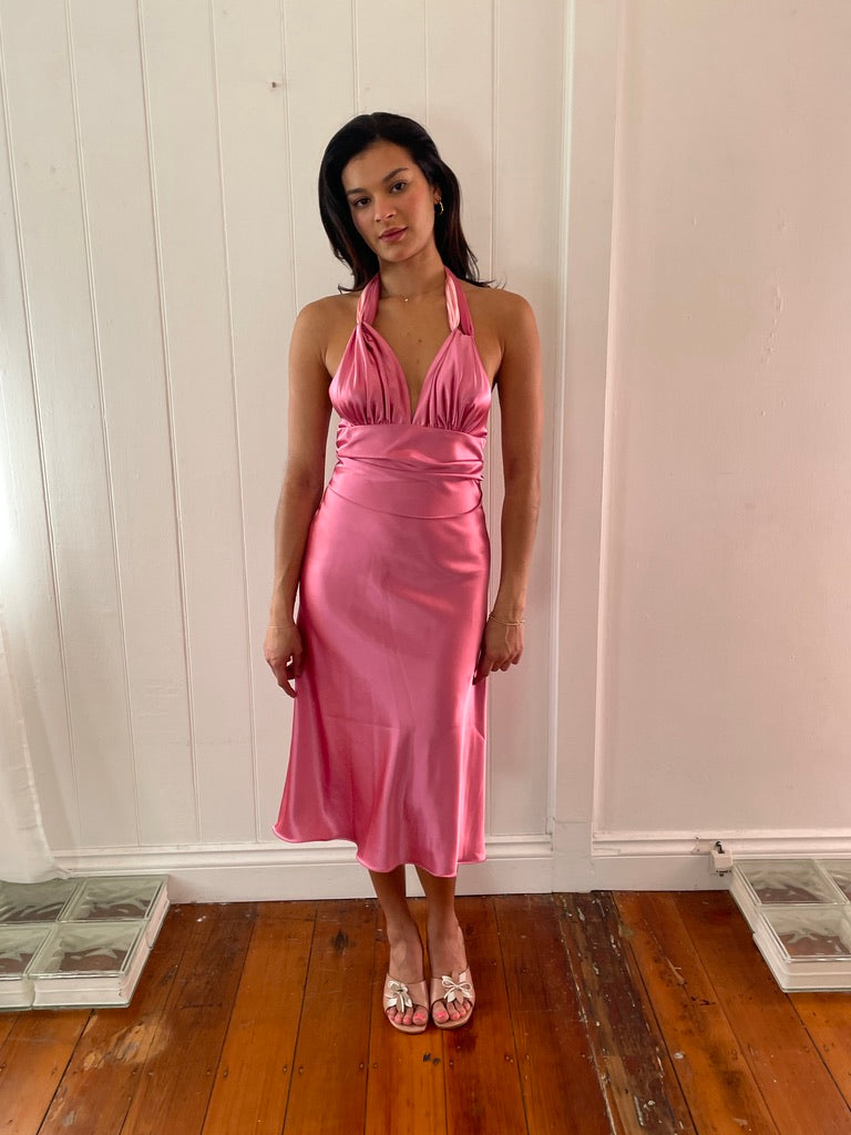 Vintage 90s pink satin open back halter neck midi dress