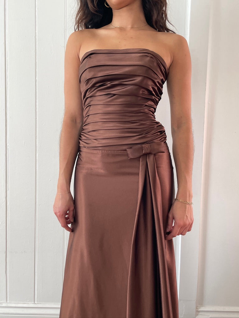 Vintage 90s Jessica McClintock brown strapless gown with bow