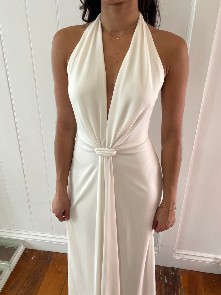 Vintage 90s white plunge neck backless evening gown
