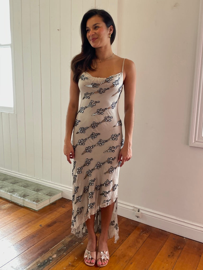 Vintage 90s silk beaded asymmetric midi dress