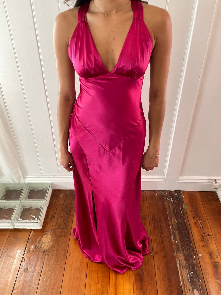 Vintage y2k Ruth Tarvydas hot pink satin evening gown