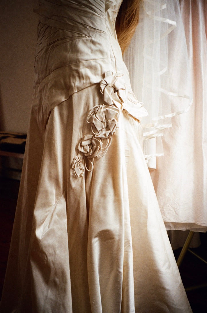 Vintage 90s silk dupion pleated high neck wedding gown