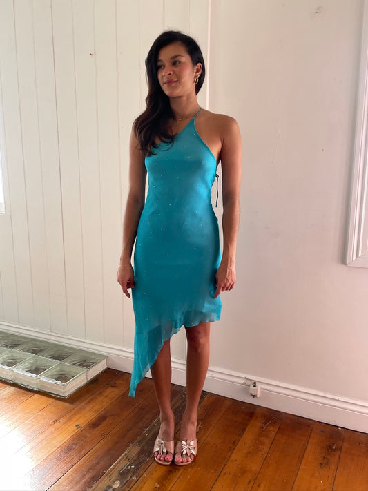 Vinatge 90s aqua silk one shoulder midi dress with diamantés