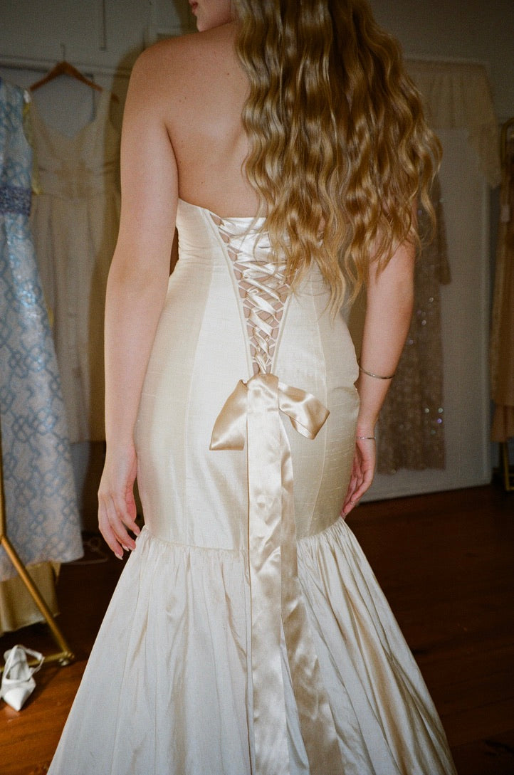Vintage y2k raw silk champagne trumpet wedding gown