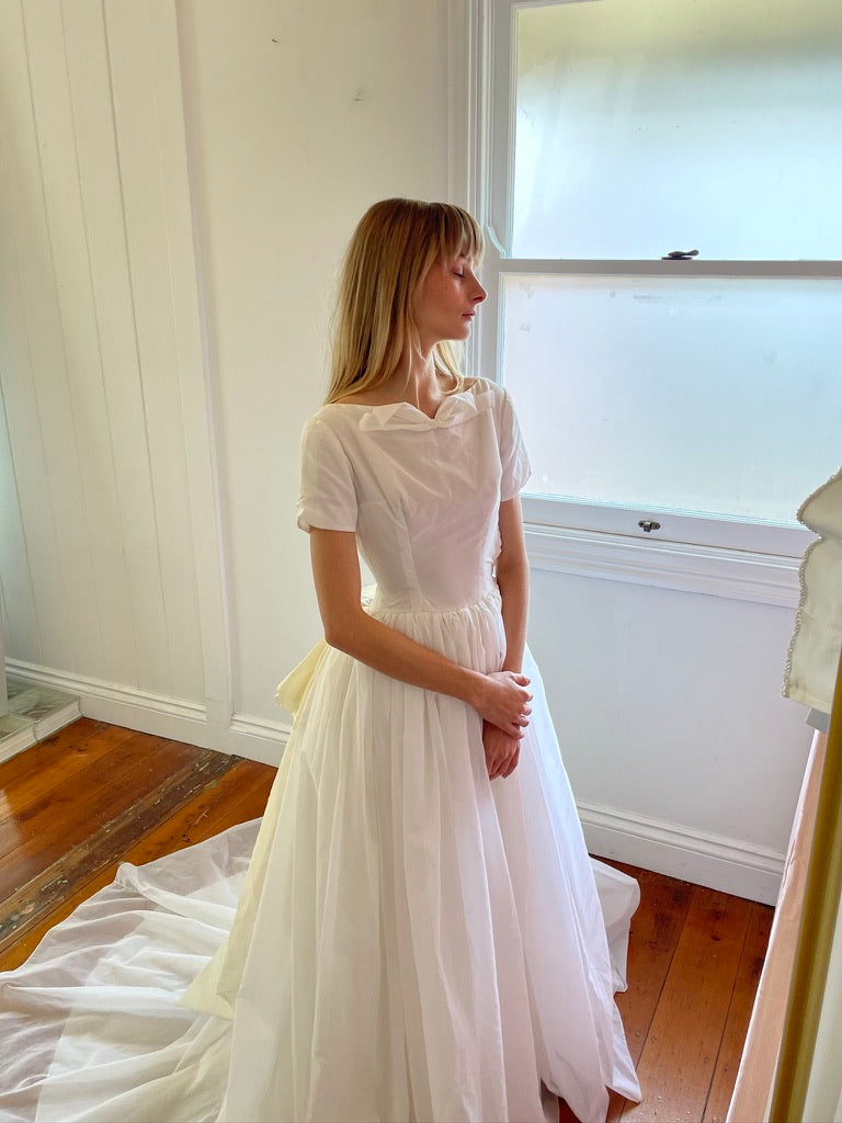 Vintage 50s boat neck cupcake wedding gown with bow