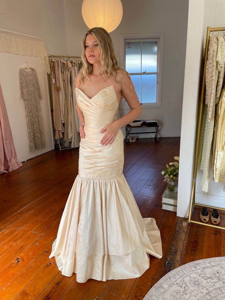 Vintage y2k raw silk champagne trumpet wedding gown