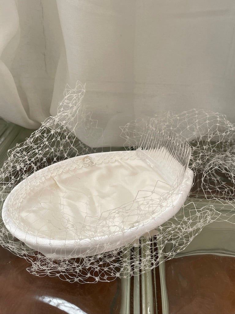 Vintage 70s white satin bridal hat with face netting
