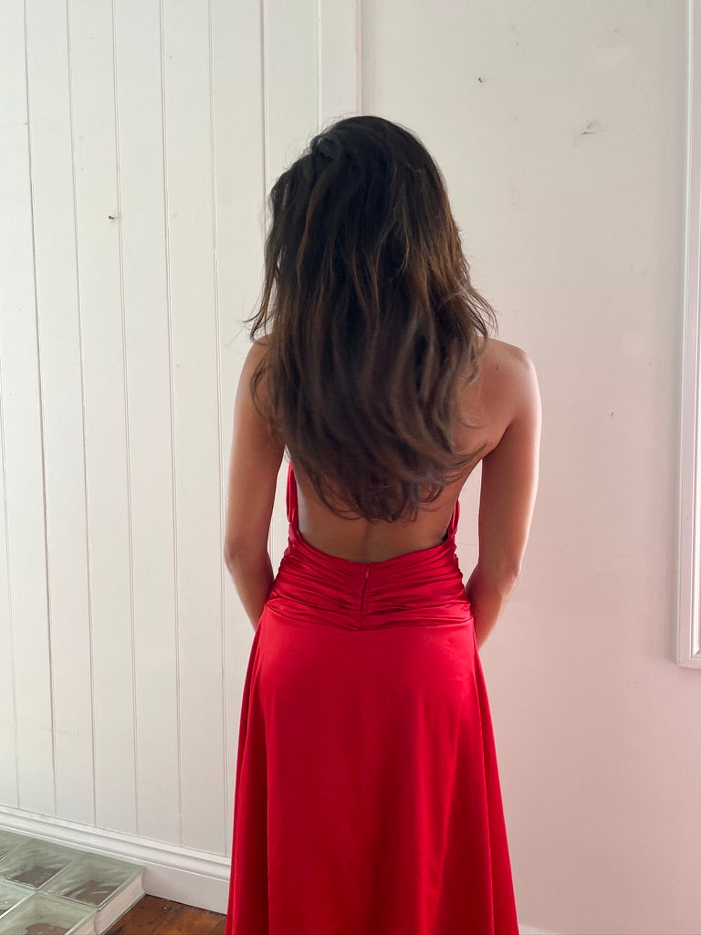 Vintage y2k red satin plunge neck backless midi dress