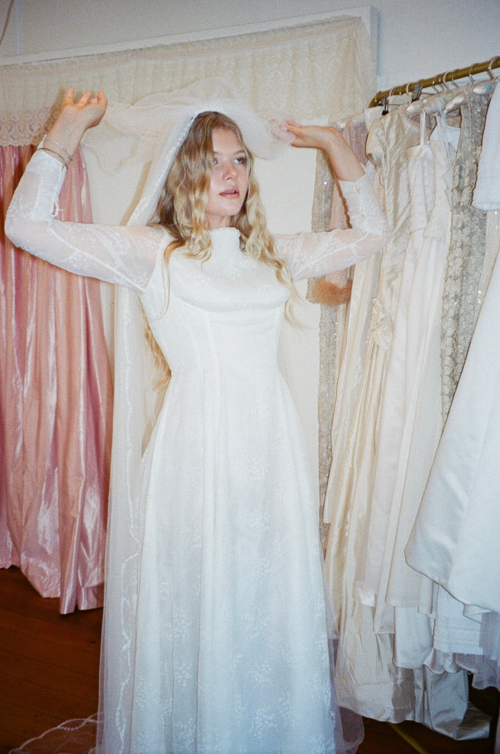Vintage 70s embroidered chapel veil with blusher ivory