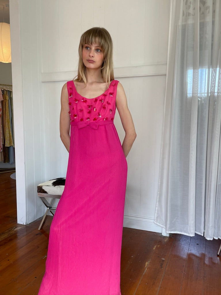 Vintage 60s Patou pink beaded sheath dress with bow