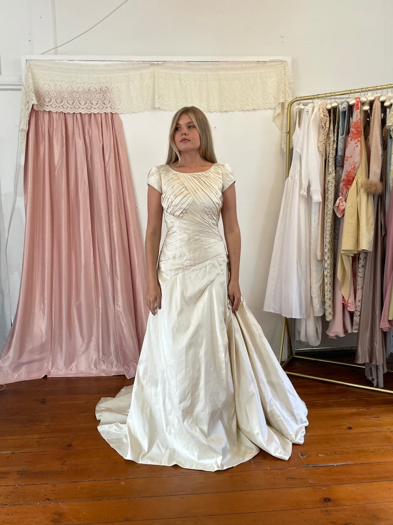 Vintage 90s silk dupion pleated high neck wedding gown