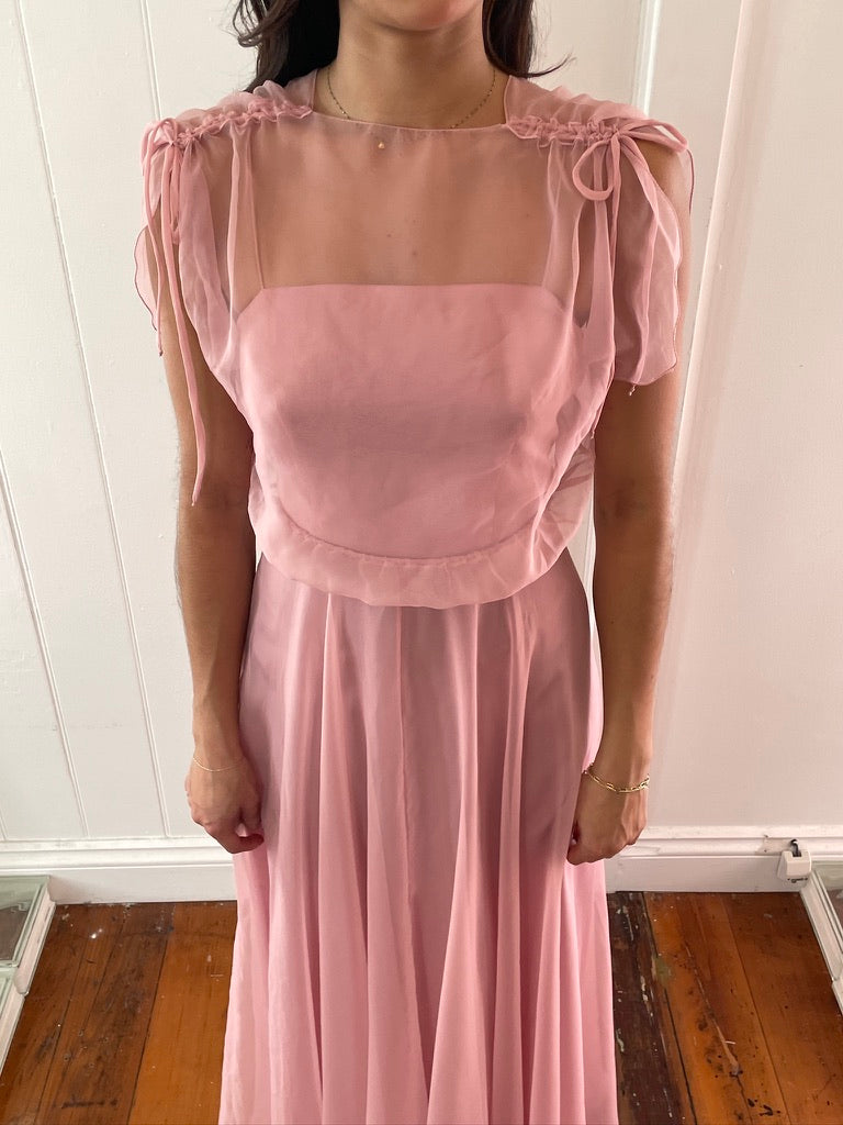 Vintage 70s dusty pink maxi dress with sheer bolero