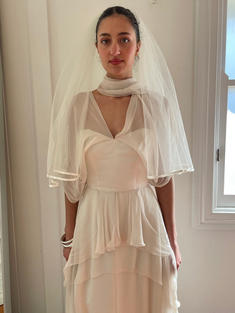 Vintage 90s tiered silk georgette waterfall wedding gown