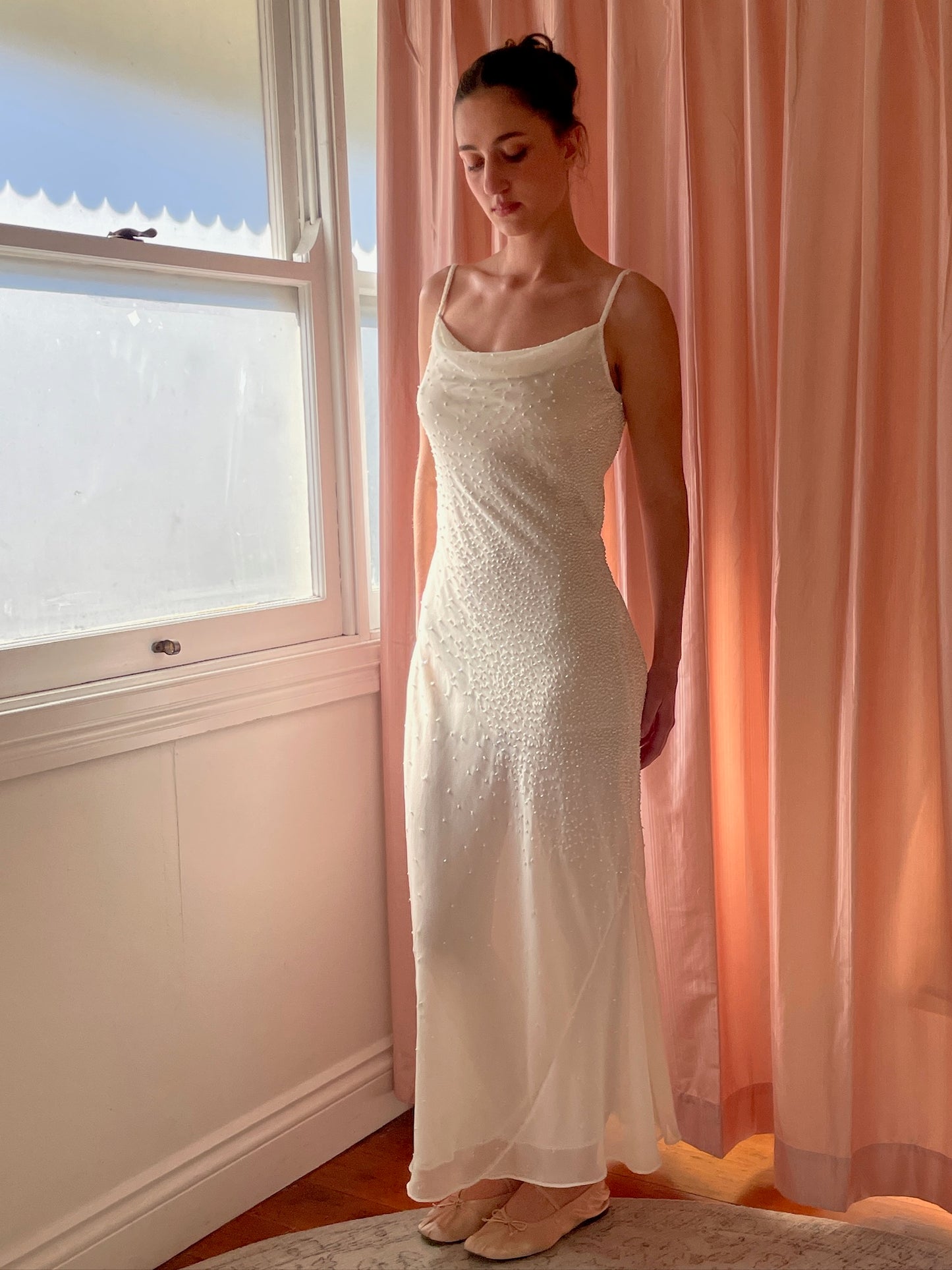 Vintage 90s white silk beaded bias cut slip dress