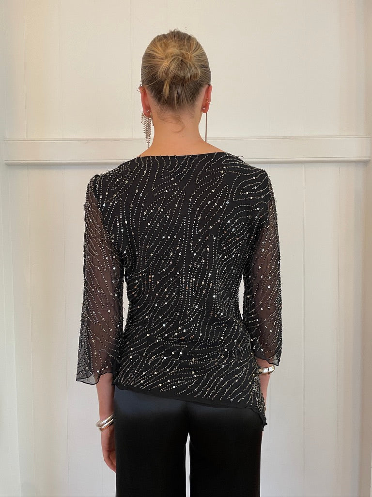 Vintage 90s black asymmetric silk sequinned blouse