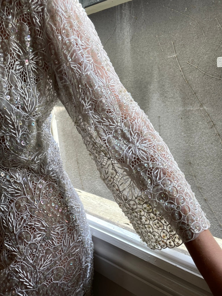 Vintage 60s semi sheer long sleeve beaded sequinned bridal gown