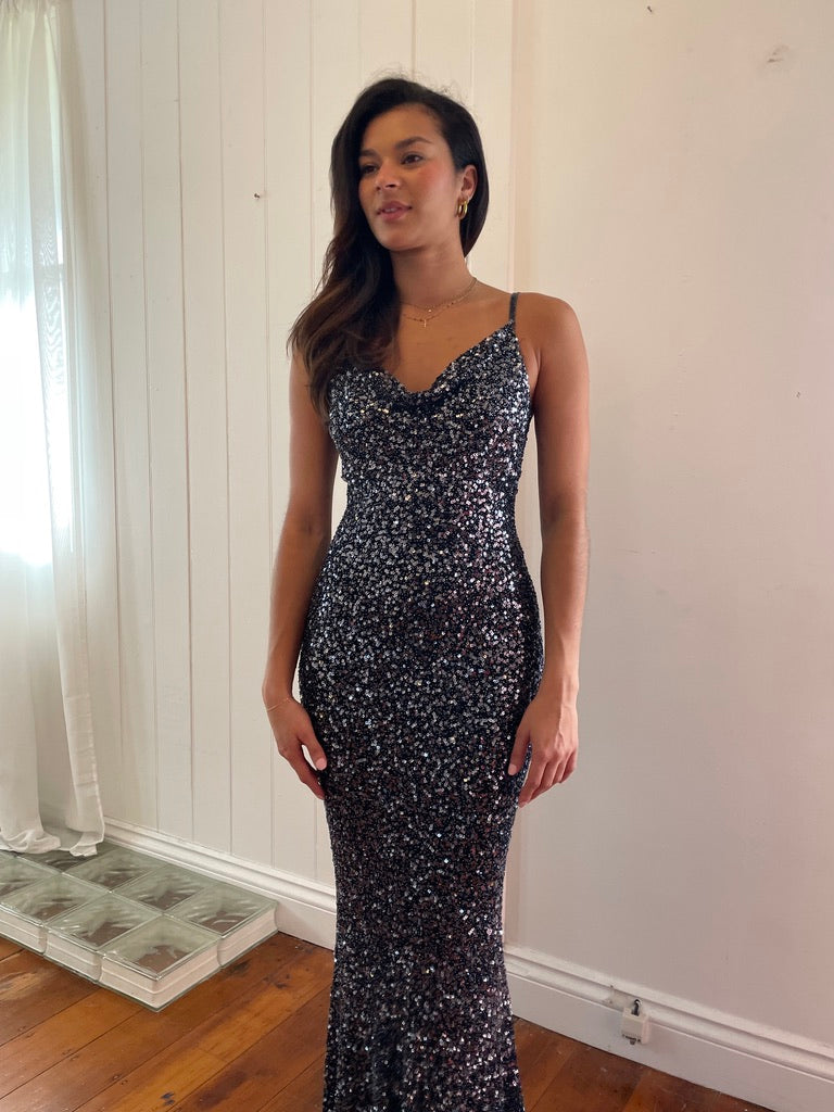 Vintage 90s midnight beaded open back evening dress