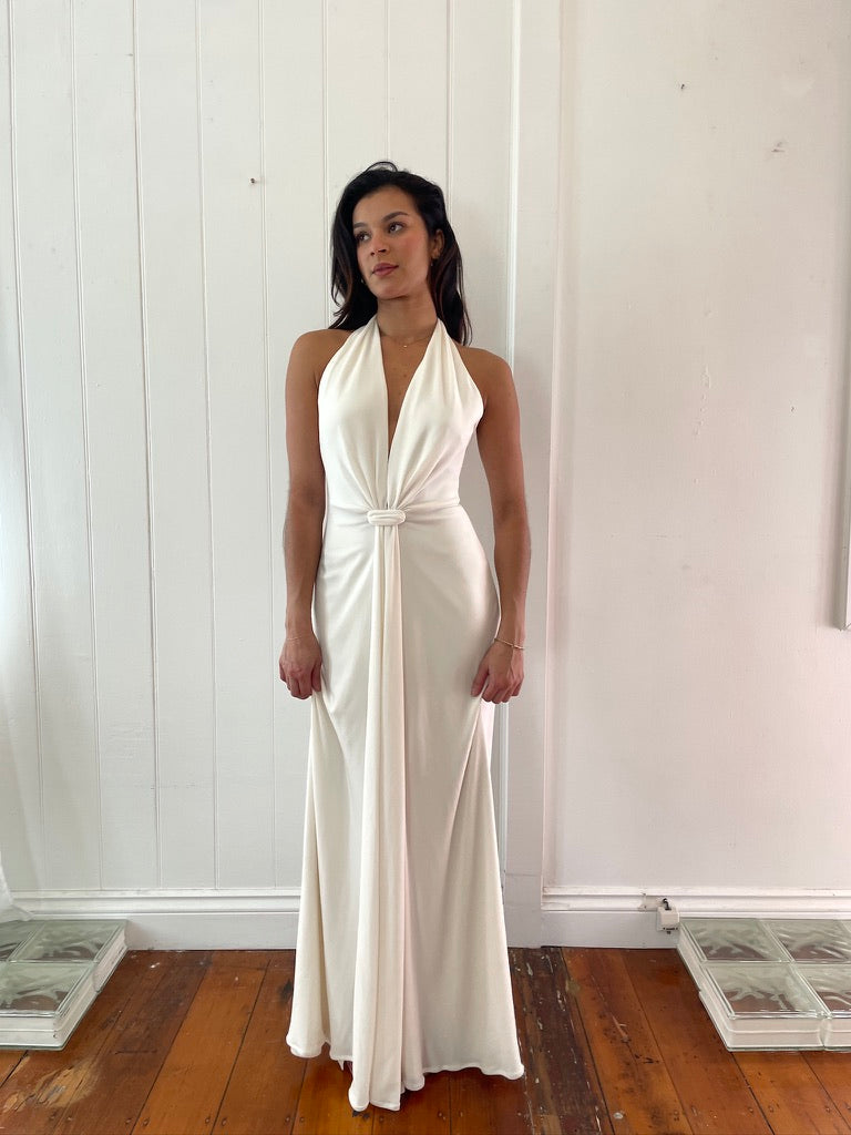 Vintage 90s white plunge neck backless evening gown