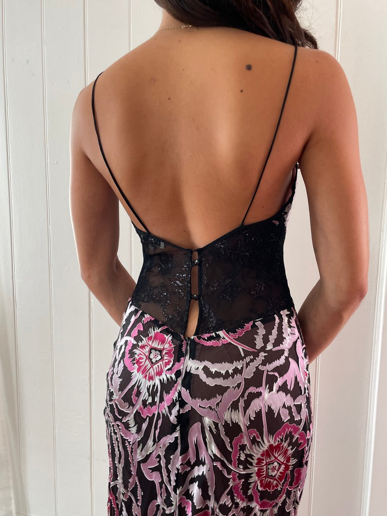 Vintage y2k silk burnout evening gown with lace panels