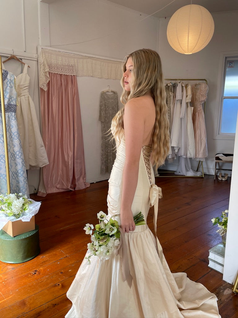 Vintage y2k raw silk champagne trumpet wedding gown