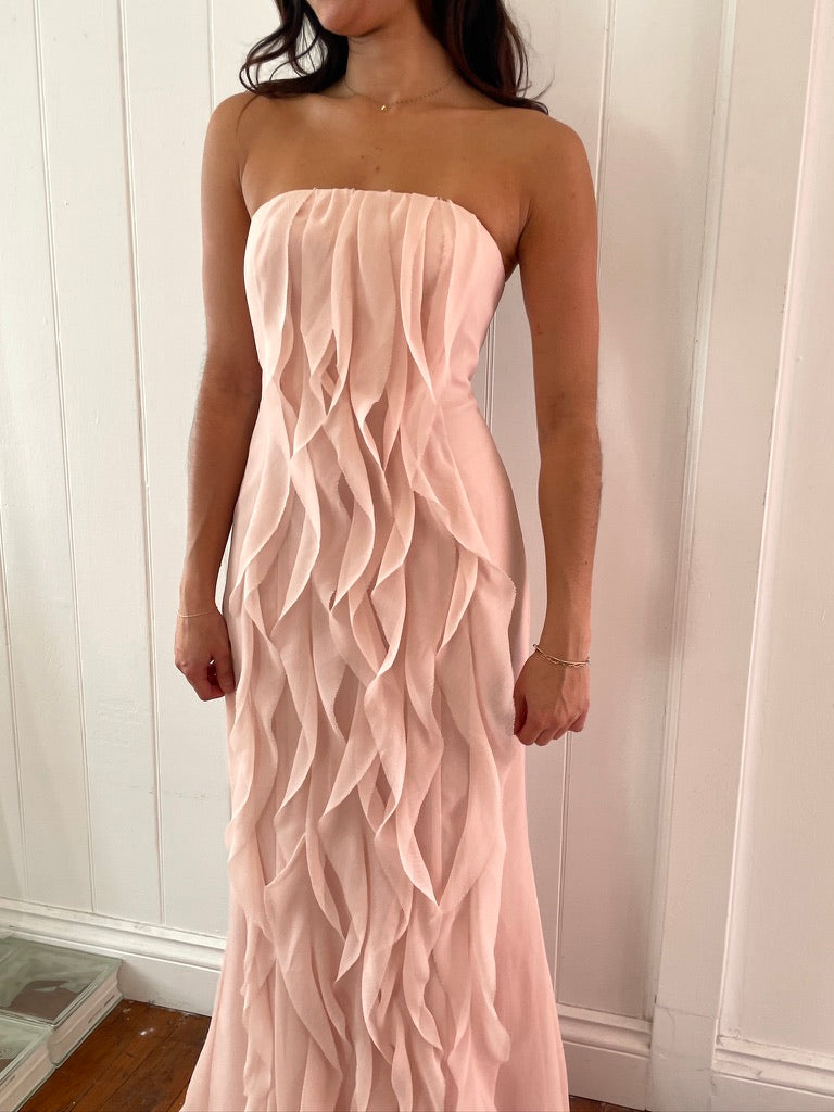 Vintage y2k Vera Wang baby pink cascading ruffle evening gown