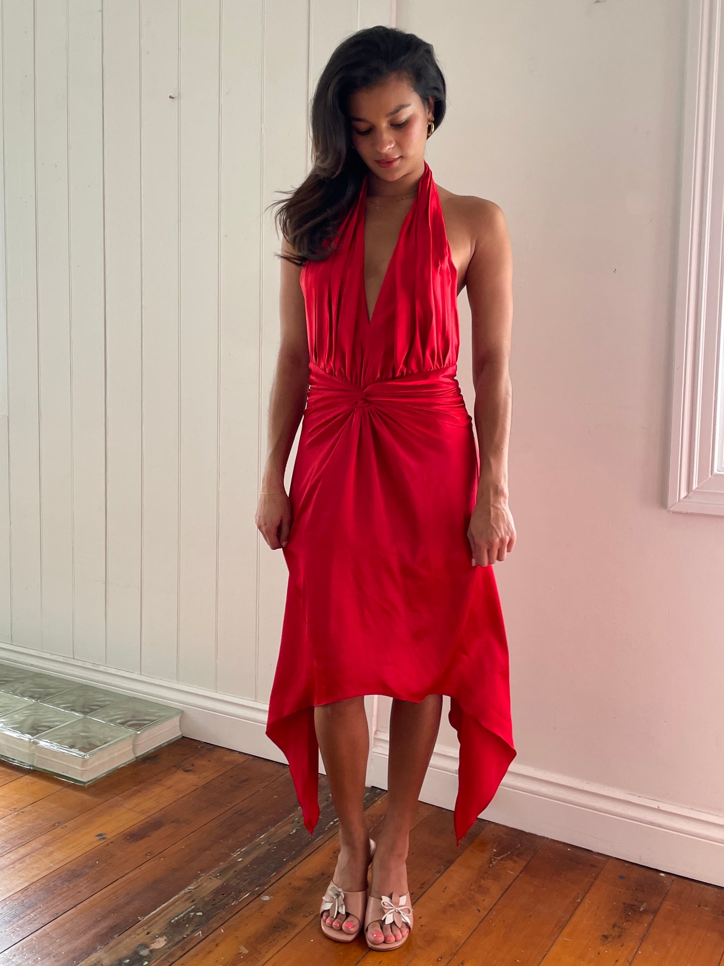 Vintage y2k red satin plunge neck backless midi dress