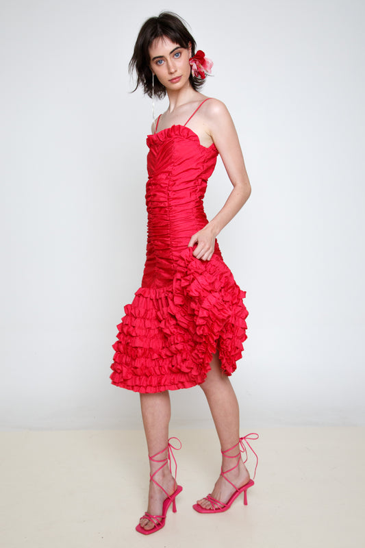 1980s Drop Waist Raspberry Midi Dress