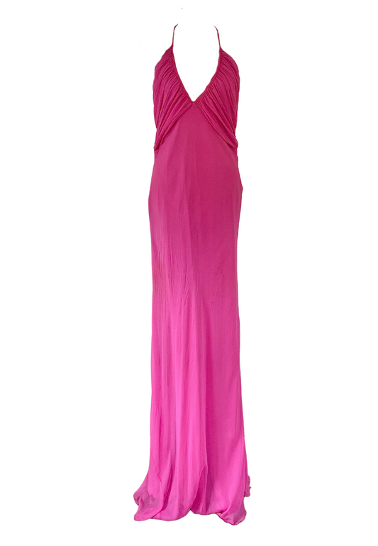 Vintage Y2K Lisa Ho hot pink silk halter neck gown