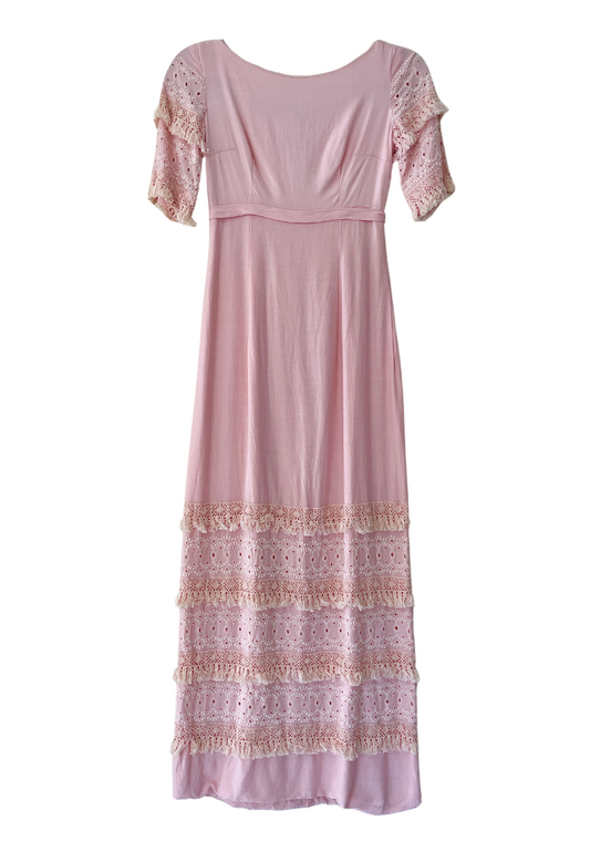 1960s Harry Keiser pink fringe trim column dress