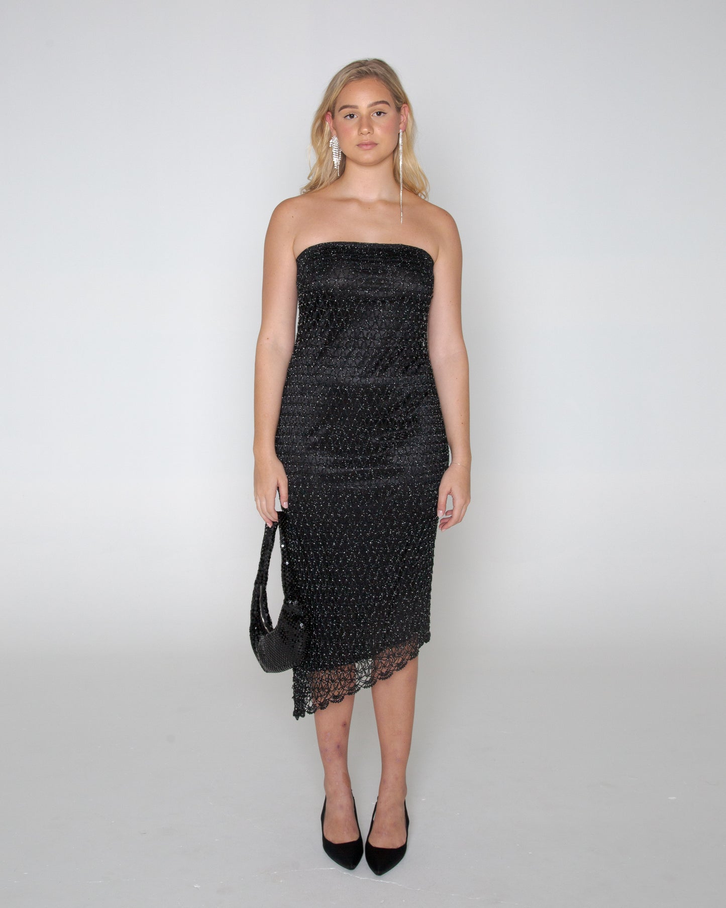 Vintage y2k strapless asymmetric woven midi dress