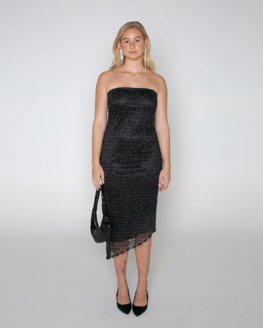 Vintage y2k strapless asymmetric woven midi dress