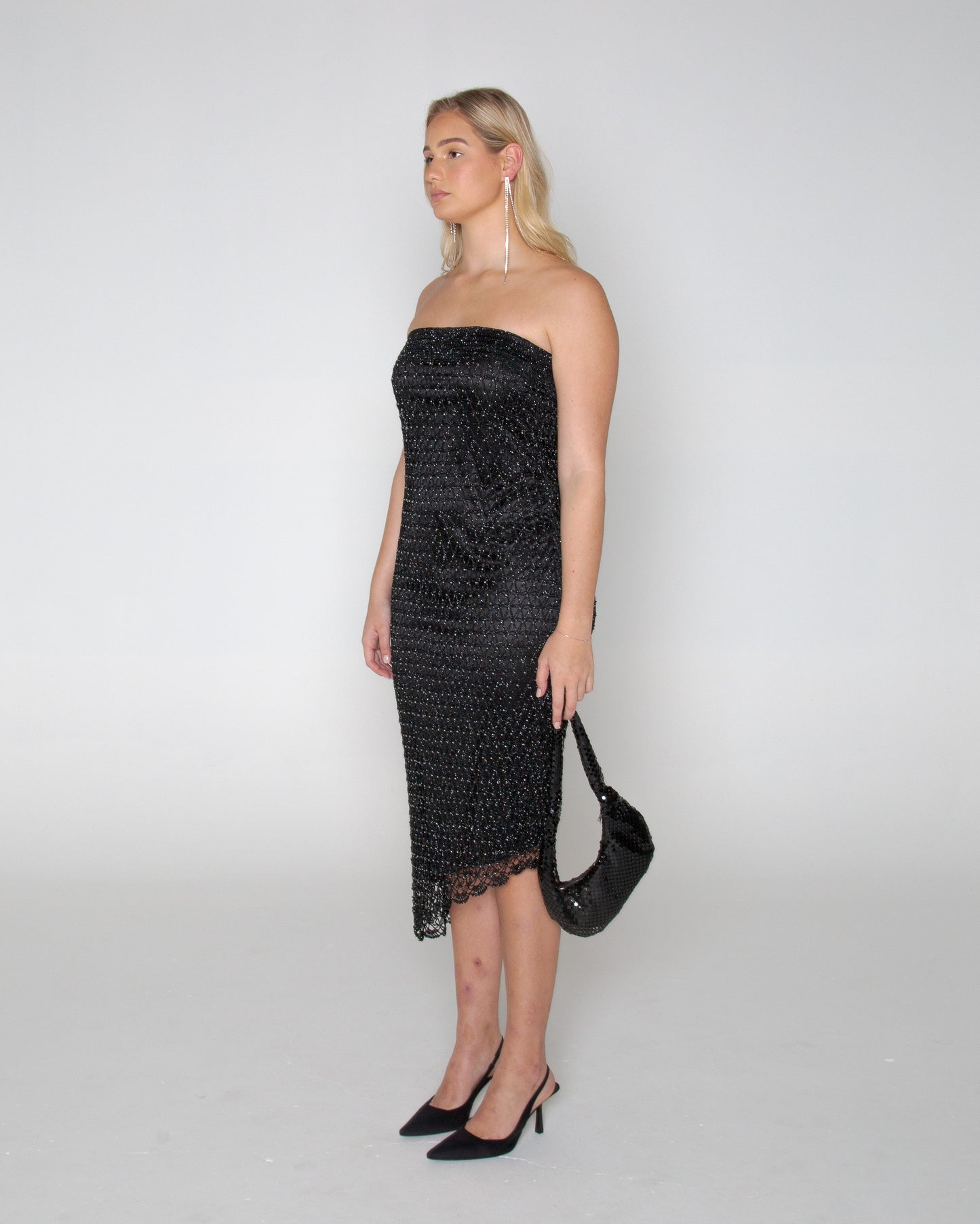 Vintage y2k strapless asymmetric woven midi dress